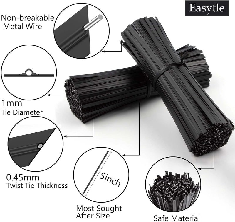Easytle 1000 Pcs Twist Ties for Bags 5" Cable Ties Bag Twist Ties for Cord Twist Bread Ties Reusable Black Plastic Coated Ties Heavy Duty Bread Ties Twist Wire Ties for Household and Office Use - Image 2
